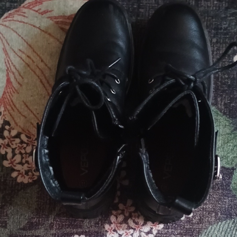 Black Combat Boots with Silver Buckle And Zipper Detail - Picture 2 of 7